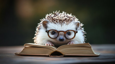 An adorable hedgehog wearing glasses sits curiously on an open book, soaking in the charm of literature. Captured in a cozy setting, this whimsical image brings a unique touch to nature and animal photography.の素材