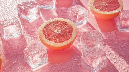 A vibrant composition featuring a juicy pink grapefruit slice surrounded by clear ice cubes on a smooth pink surface, creating a refreshing and aesthetic vibe perfect for drinks or summer themes.の素材