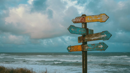 A weathered signpost stands at the ocean shore, pointing in multiple directions. The dramatic sky and turbulent waves create a sense of adventure and exploration.の素材