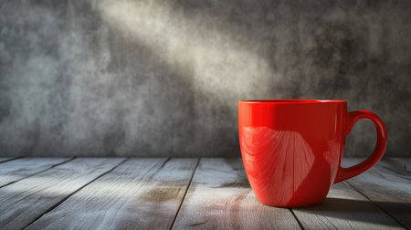 A vibrant red coffee mug sits on a rustic wooden table, illuminated by soft light and casting gentle shadows. Ideal for conveying warmth and comfort.の素材