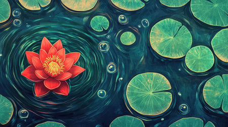 A stunning red lotus flower emerges from tranquil waters, surrounded by green lily pads. The vibrant colors and serene setting create a peaceful nature scene perfect for relaxation.の素材