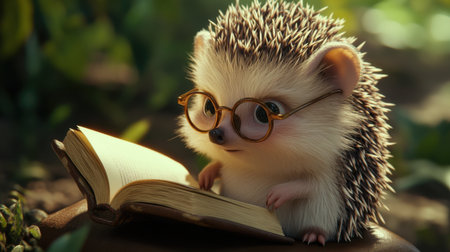 This charming image features a cute hedgehog wearing glasses, engrossed in a book amidst a lush green background. Perfect for themes of curiosity and adventure.の素材