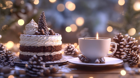 A cozy dessert scene featuring a rich chocolate cake next to a warm candle, surrounded by pine cones and soft bokeh lights, perfect for winter celebrations.の素材