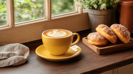 Enjoy a serene moment with a yellow coffee cup featuring intricate latte art nestled beside fresh pastries on a rustic wooden table.の素材