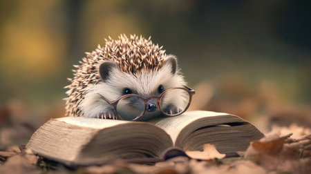 A charming hedgehog wearing glasses lounges on an open book surrounded by autumn leaves. This delightful scene captures a playful blend of nature and imagination, perfect for storytelling themes.の素材