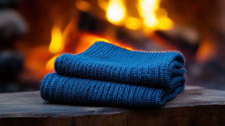 A cozy knitted blue scarf rests on a wooden surface, with a warm fire flickering in the background. Perfect for evoking feelings of comfort and relaxation.の素材