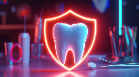 Visual representation of a glowing tooth inside a shield, symbolizing dental protection and oral health. Ideal for dental care and hygiene themes.の素材