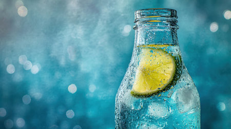 A close-up image of a glass bottle filled with sparkling water and a lime slice, showcasing condensation. The vibrant blue background enhances the refreshing vibe.の素材