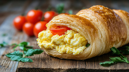 A delicious croissant filled with fluffy scrambled eggs and topped with fresh cherry tomatoes. Perfect for breakfast or a healthy snack, this image captures the essence of gourmet morning cuisine.の素材