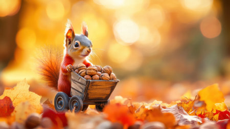 A charming squirrel pushes a cart full of nuts through a colorful autumn landscape filled with vibrant leaves. Perfect for nature lovers and wildlife enthusiasts.の素材