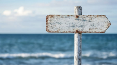 A weathered wooden signpost stands against a tranquil ocean backdrop, evoking a sense of adventure and exploration. Perfect for travel themes.の素材