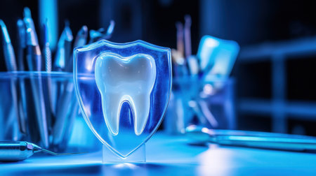 This image features a tooth icon enclosed in a shield, representing dental care and protection. The blue lighting enhances its significance in healthcare and oral hygiene.の素材
