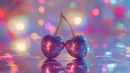 A pair of shiny disco cherries reflecting vibrant lights in a colorful bokeh background. Perfect for themes of fun, celebration, and modern aesthetics.の素材