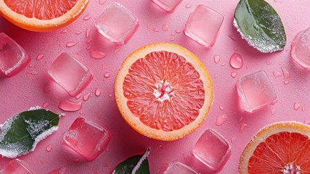 A vibrant display featuring a fresh orange slice surrounded by ice cubes and green leaves on a pink background, perfect for food and beverage concepts.の素材
