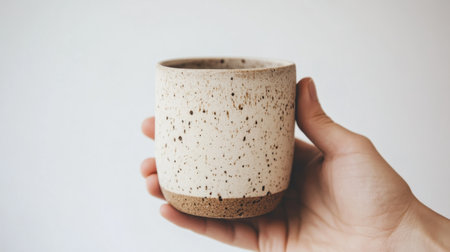 A close-up image of a hand holding a speckled ceramic cup, showcasing unique textures and earthy colors against a minimalist background, perfect for design inspiration.の素材