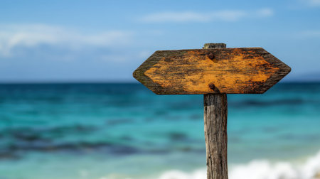 A weathered wooden signpost stands near a calm tropical ocean, showcasing vivid turquoise waters under a clear blue sky, evoking a sense of adventure and relaxation.の素材