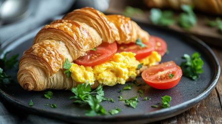 A warm croissant filled with fluffy scrambled eggs and fresh tomato slices, garnished with parsley. Perfect for a savory breakfast or brunch setting.の素材