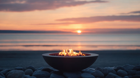 A serene fire pit burns brightly at sunset, casting a warm glow on the beach. The calm waters reflect the sky's hues, creating a peaceful atmosphere for relaxation.の素材