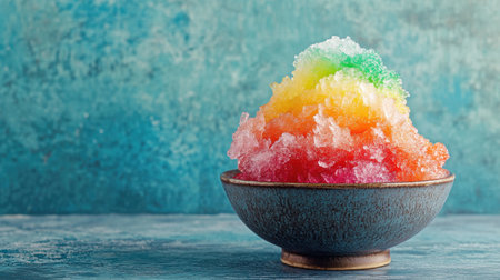 Indulge in this vibrant and colorful shaved ice dessert served in a rustic bowl. Perfect for warm days, this refreshing treat combines fun flavors and bright colors, making it ideal for summer celebrations.の素材