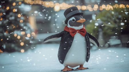 A delightful scene featuring a charming penguin dressed in a top hat and bow tie, surrounded by softly falling snowflakes, evoking a festive winter atmosphere.の素材