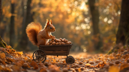 A charming squirrel is collecting nuts in a wooden cart, set against a vibrant autumn forest. The warm lighting highlights the tranquil beauty of nature.の素材