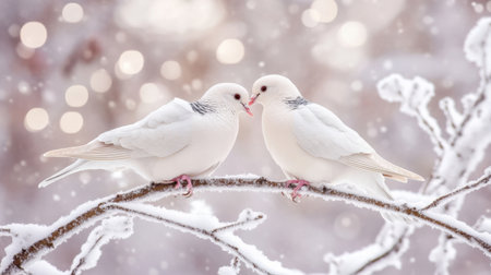 Two beautiful white birds share a tender moment on a snow-covered branch, creating a serene and romantic winter scene filled with soft bokeh lights.の素材