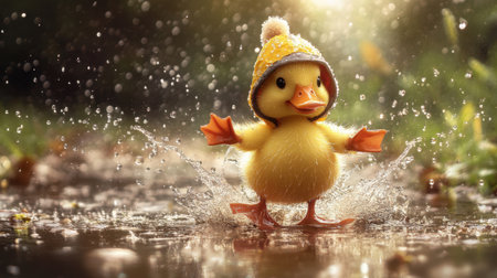A delightful scene featuring a cute duckling wearing a yellow hat, joyfully splashing in puddles on a rainy day. The vibrant colors and playful ambiance capture the essence of childhood happiness and outdoor fun.の素材