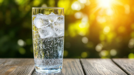 A sparkling glass of water filled with ice cubes, set on a wooden table under natural sunlight. This refreshing drink evokes a sense of summer and hydration.の素材