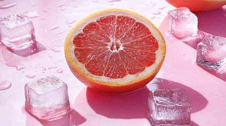 A vibrant grapefruit slice surrounded by ice cubes on a pink surface captures a refreshing summer vibe. Perfect for health and wellness themes.の素材