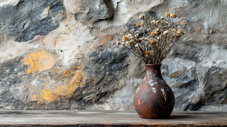 A rustic vase holds dried flowers, enhancing the charm of a textured stone wall. This serene still life captures a warm, inviting atmosphere perfect for home decor.の素材