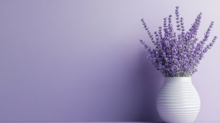 A beautiful display of lavender flowers in a white vase against a soft purple background. This image captures elegance and tranquility, perfect for home decor.の素材