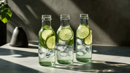 Three glass bottles filled with refreshing beverage showcasing lime slices and mint leaves. This image captures a bright and inviting ambiance in a modern setting.の素材