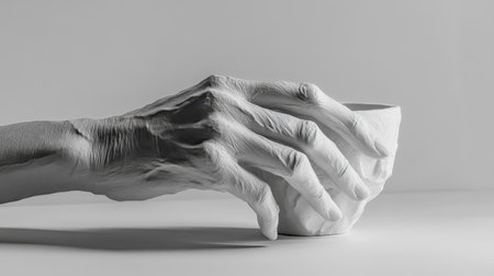 A graceful human hand cradles a simple white bowl, symbolizing elegance and artistry. The monochrome backdrop enhances the textures and contours of both hand and object.の素材