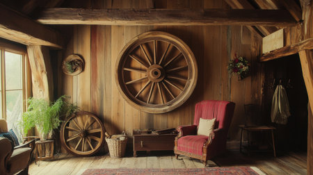 This cozy rustic interior features a vintage wheel and a comfortable armchair, surrounded by warm wooden textures, plants, and inviting decor elements, perfect for relaxation.の素材