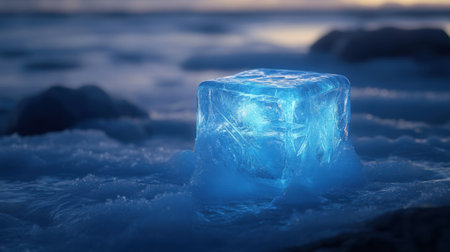 A glowing blue ice cube rests on an icy surface by the ocean during twilight. The serene scene captures the beauty and tranquility of nature, highlighting the contrast between the ice and the surrounding water.の素材