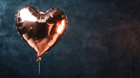 A stunning shiny rose gold heart balloon stands elegantly against a dark textured backdrop, symbolizing love and celebration for various occasions.の素材