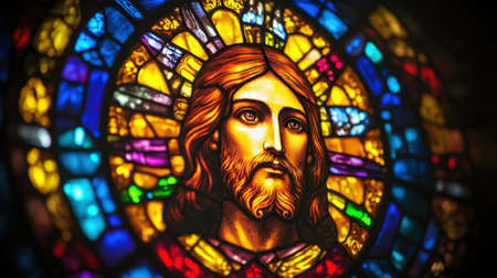 This vibrant stained glass artwork features a detailed portrait of Christ, showcasing rich colors and intricate design, perfect for religious and artistic themes.の素材