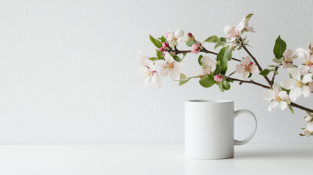 A serene white mug sits next to a delicate branch of blooming cherry flowers, creating a tranquil and minimalist aesthetic perfect for spring decor.の素材