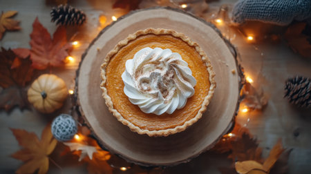 A stunning overhead view of a pumpkin pie adorned with fluffy whipped cream, surrounded by autumn leaves and decorations, perfect for festive celebrations.の素材