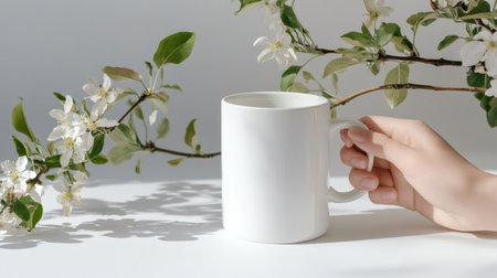 A serene composition featuring a white coffee mug held by a hand, surrounded by delicate flowers and green leaves, creating a fresh and minimalist aesthetic.の素材
