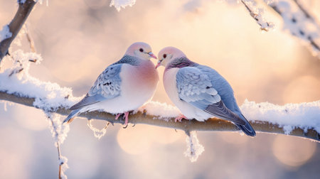 A charming scene of two birds perched closely on a snowy branch, showcasing warmth and affection amid a serene winter landscape filled with soft light.の素材