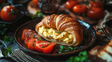 A beautifully plated croissant filled with scrambled eggs, accompanied by fresh tomato slices. Perfect for breakfast or brunch, this dish showcases vibrant colors and textures.の素材