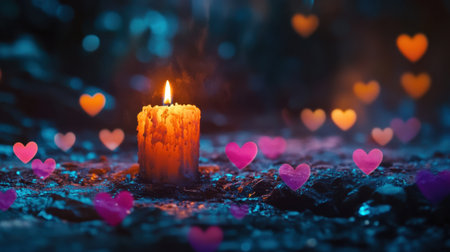 A warm candle flickers in the dark, surrounded by colorful heart shapes. This enchanting scene captures the essence of love and tranquility, perfect for romantic themes.の素材