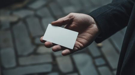 A closeup of a plain white card held in a hand, set against a textured cobblestone background. The image conveys simplicity and minimal design, perfect for identity concepts.の素材