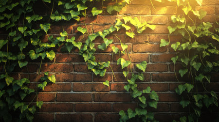 A serene image of green ivy gracefully climbing a rustic brick wall, illuminated by soft sunlight. This composition captures the beauty of nature intertwining with urban elements, creating a peaceful ambiance.の素材
