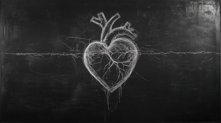 This abstract illustration features a heart drawn in chalk on a blackboard. The unique design captures emotions and creativity through its intricate lines and textures.の素材