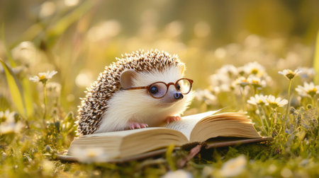 A charming hedgehog with glasses intently reading a book among vibrant flowers in a sunlit meadow. This whimsical scene captures the essence of curiosity and tranquility.の素材