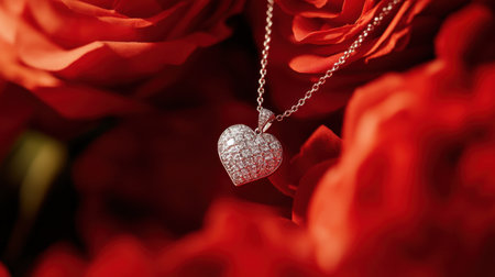 A stunning heart-shaped pendant necklace adorned with sparkling details, set against a backdrop of vibrant red roses. Perfect for expressing love and elegance.の素材