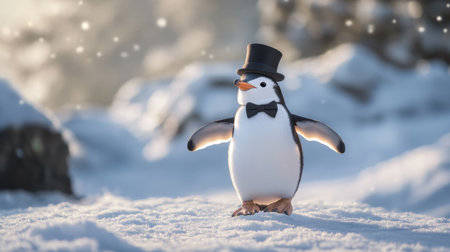 A charming penguin dressed in a tuxedo and hat stands gracefully in a snowy landscape, capturing the essence of winter magic and elegance.の素材