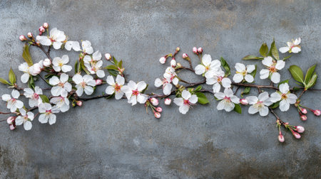 A stunning arrangement of delicate cherry blossom flowers on a textured background, showcasing vibrant petals and lush green leaves for a serene spring vibe.の素材